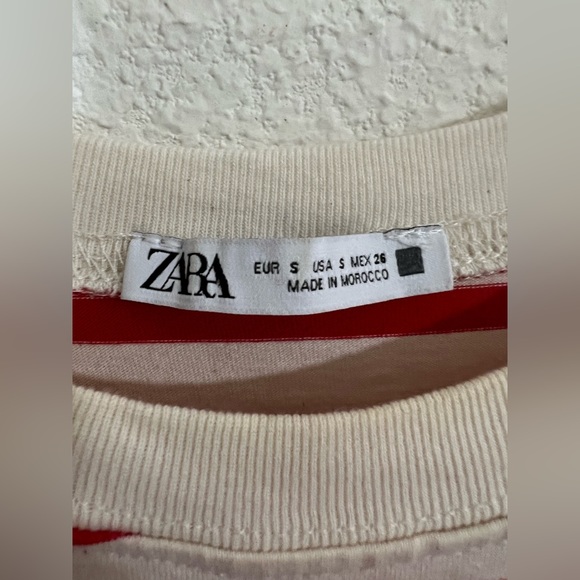 Zara Red Beige Striped Peplum Tee Top Size Small - Picture 4 of 5